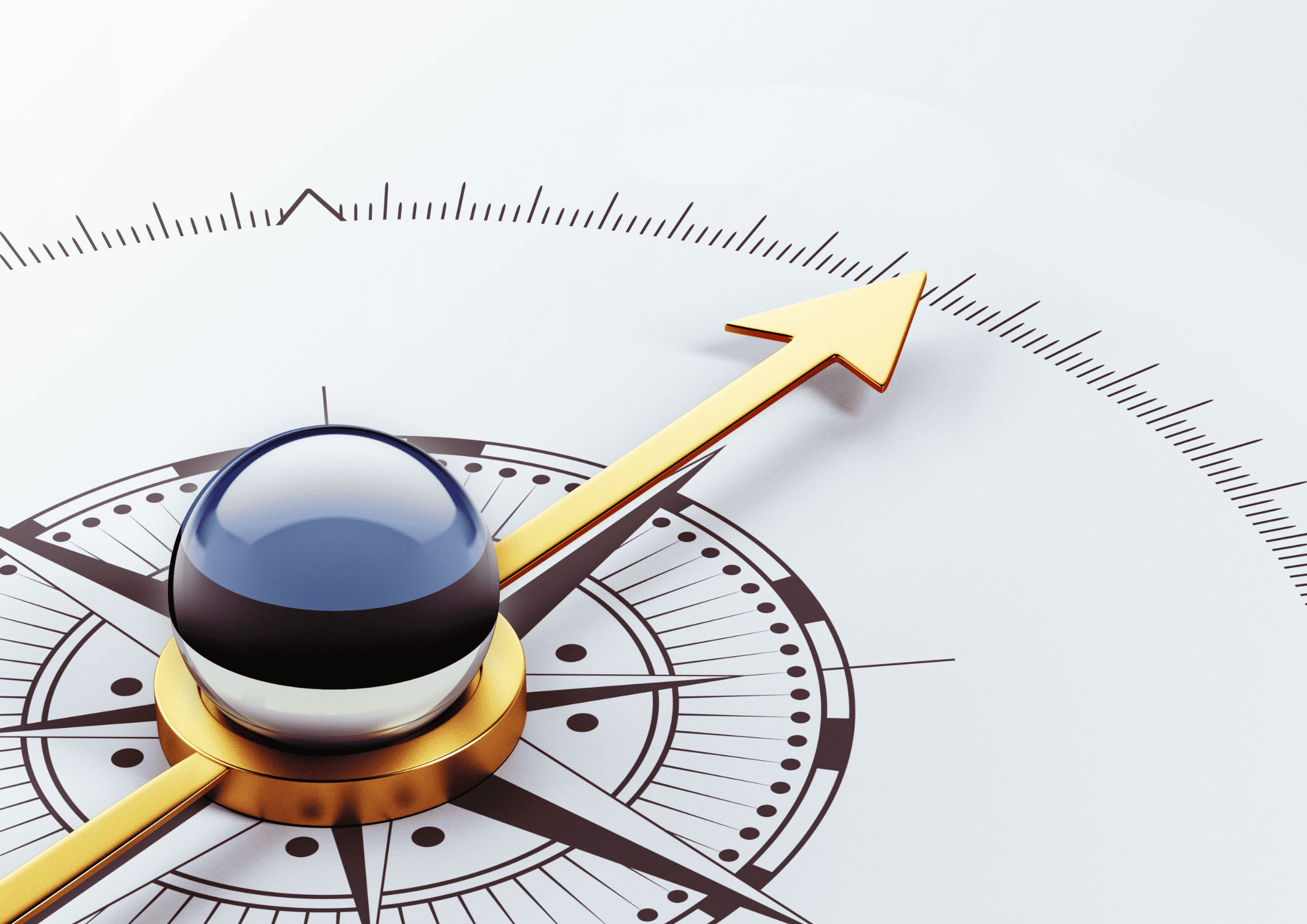 Bússola com seta dourada apontando para o norte, representando a Missão como guia para decisões e ações organizacionais